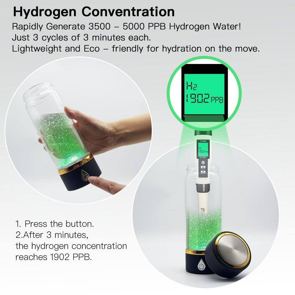 14 Oz Hydrogen Glass Water Bottle SPE PEM Tech 14OZ USB-C Rechargeable Generator High Content Alkaline for Travel Office