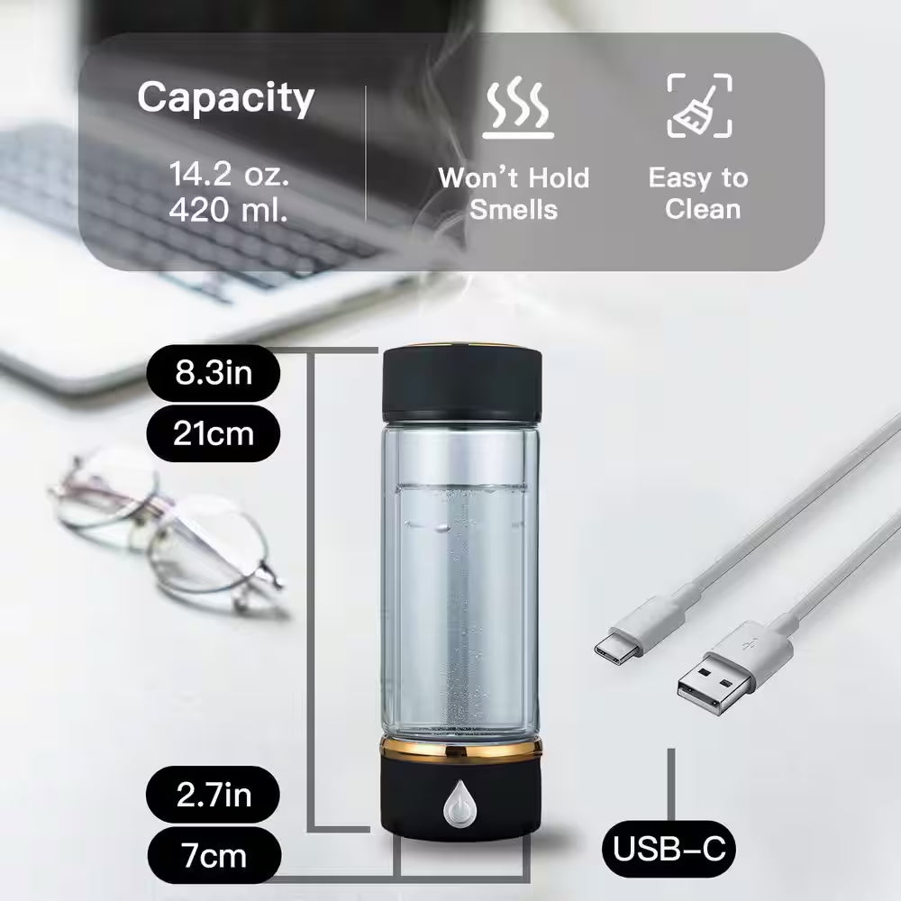 14 Oz Hydrogen Glass Water Bottle SPE PEM Tech 14OZ USB-C Rechargeable Generator High Content Alkaline for Travel Office
