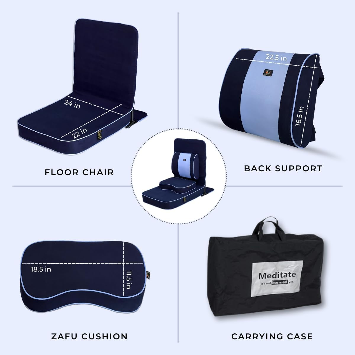 Extra Large Meditation Chair | Floor Chair with Back Support | Yoga Chairs for Adults | Portable Folding Chair | Yoga Chair with Cushion & Meditation Block | Navy Blue | 24X22 In
