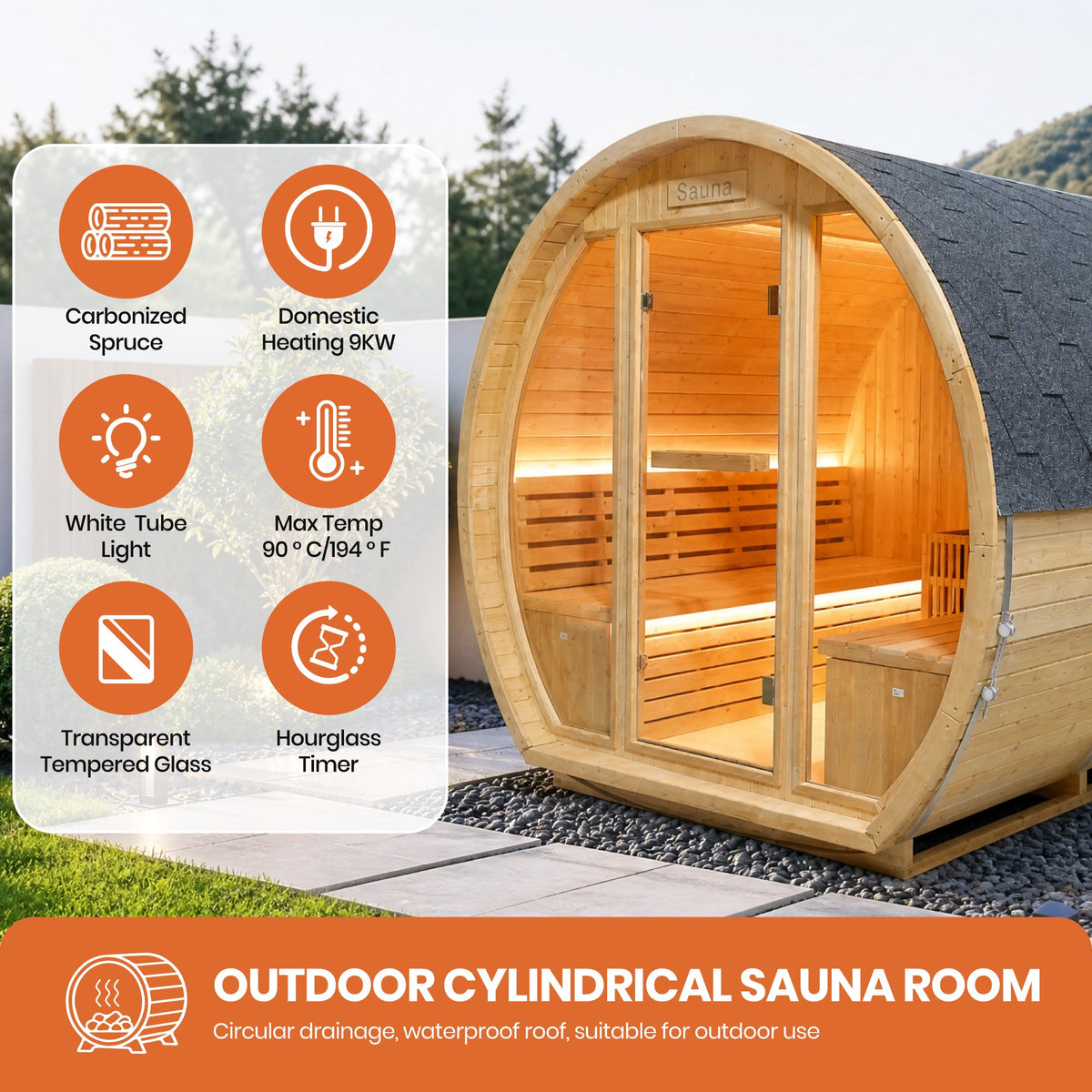 Finnish Carbonized Spruce Outdoor Sauna Barrel