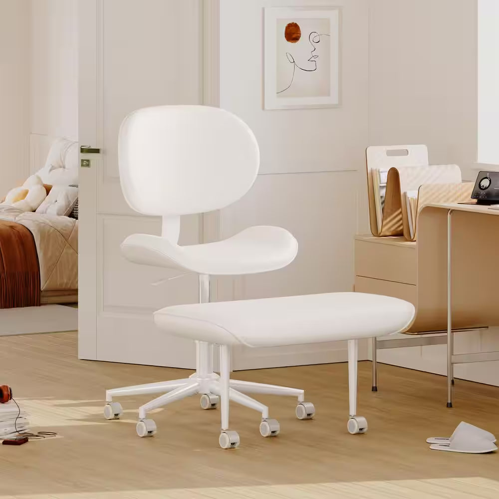 Faux Leather Ergonomic Cross-Legged Office Chair ADHD Meditation Chair with Wheels and Height Adjustable, White