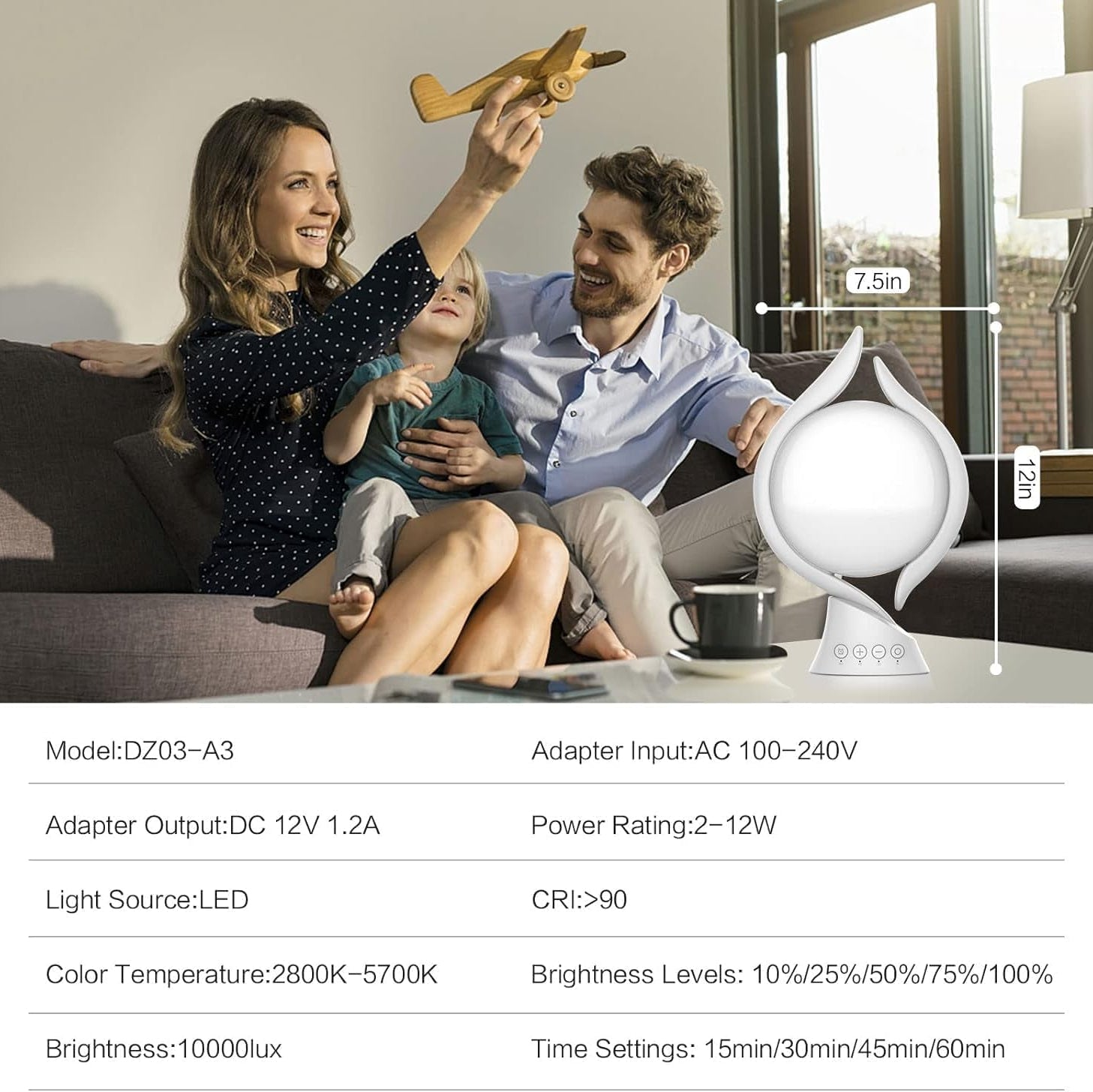 Light Therapy Lamp 10000 Lux, Uv-Free Therapy Light with 5 Brightness, 3 Color Temperature, 4 Timer, Memory Function, Full Spectrum, Bright Seasonal Sun Light Lamp for Bedroom, Office