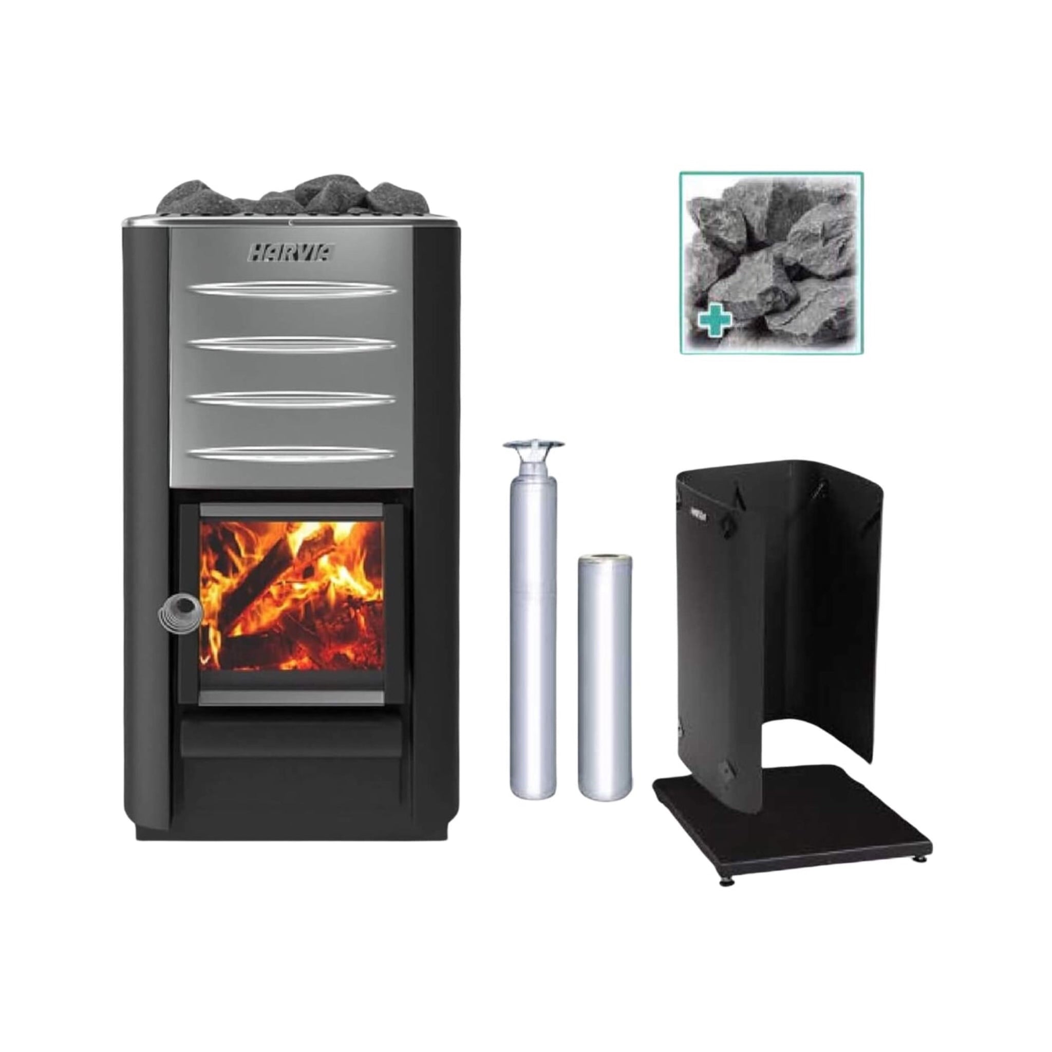 Harvia M3 16.5kW Wood-Burning Sauna Stove Kit | Complete Package with Olivine Diabase Stones, Chimney Kit & Protective Sheath — Silver or Black