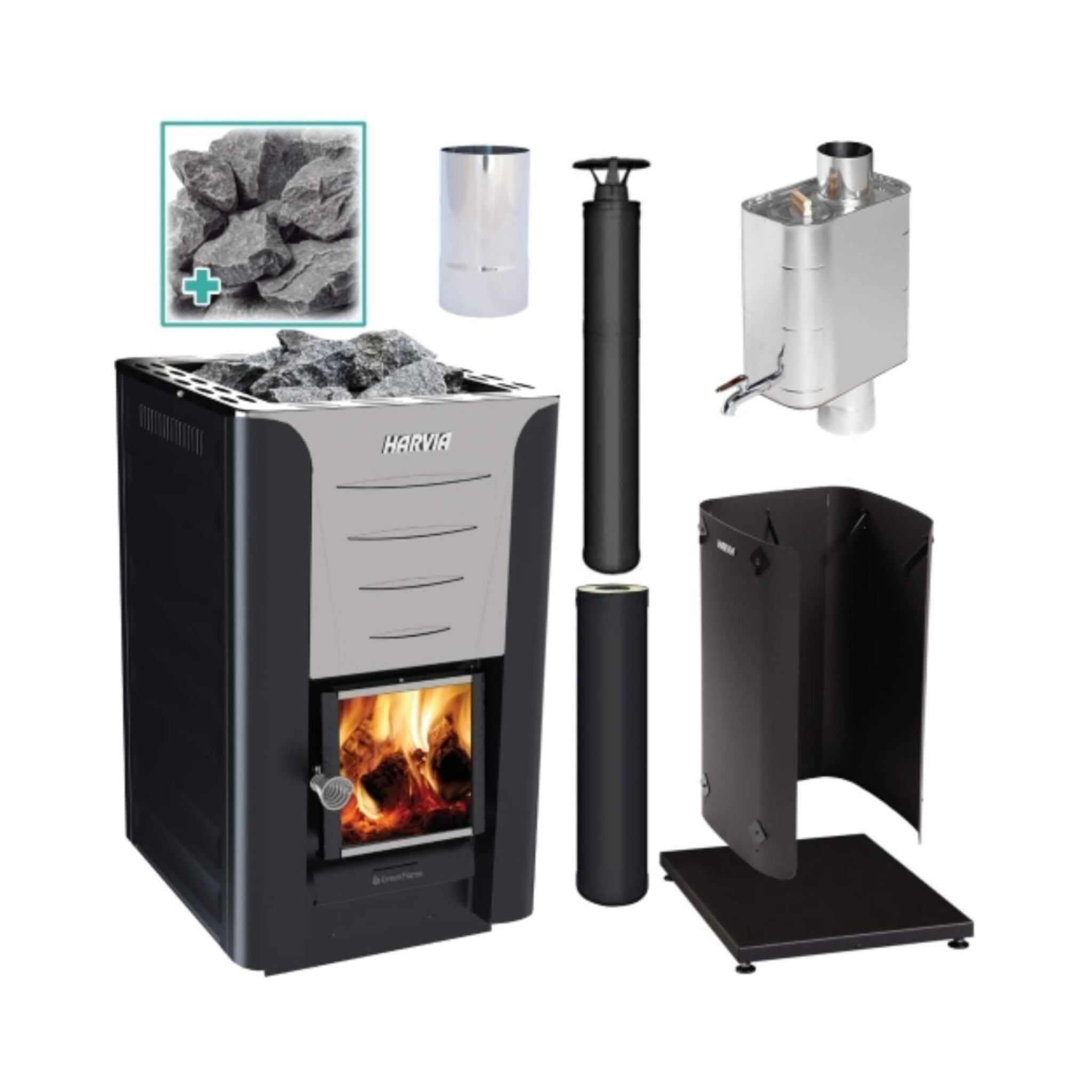 Harvia Pro 20 WH 24kW Wood-Burning Sauna Stove Package | Made in Finland with 22L Water Heater, Olivine Diabase Stones & CE-Marked Chimney Kit