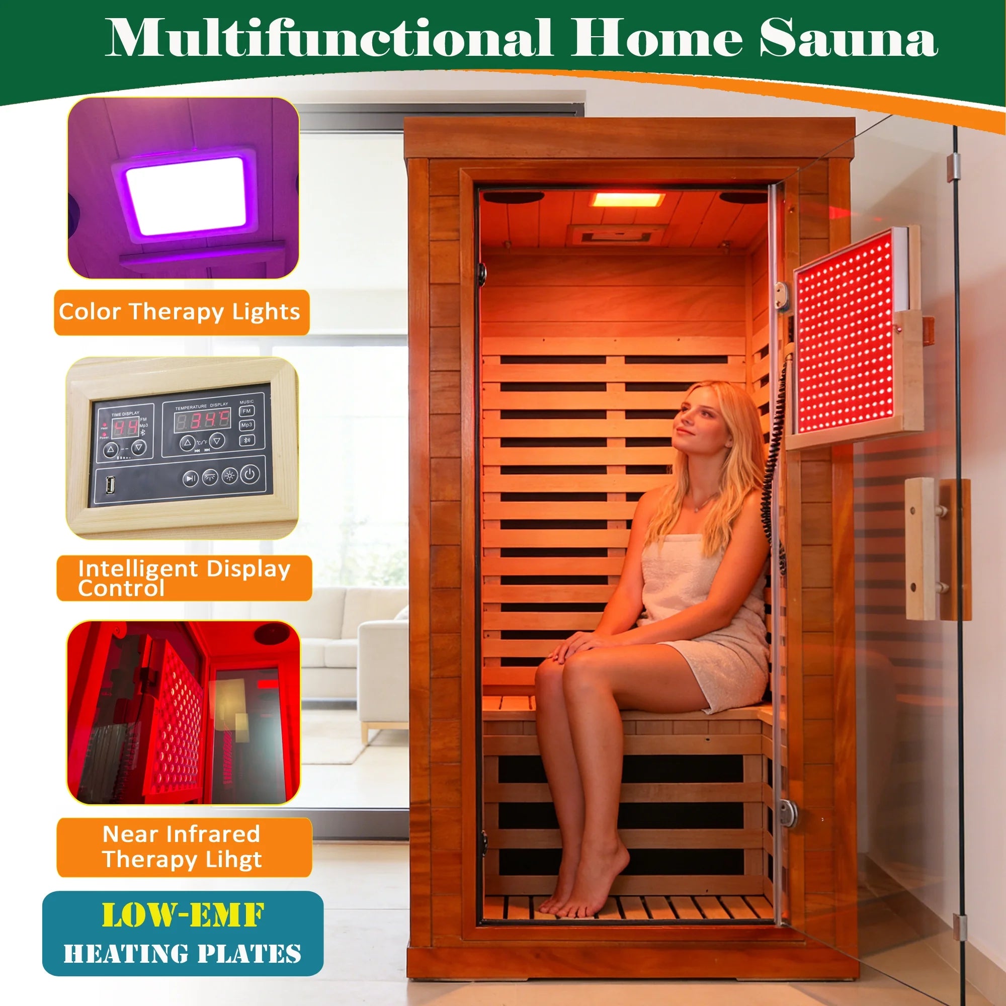 Infrared Sauna with Beaty Lamps, 1-Person Indoor Dry Sauna with 7 Colors Light, Low EMF Okoume Wood Home Sauna Room 7 Carbon Crystal Heaters