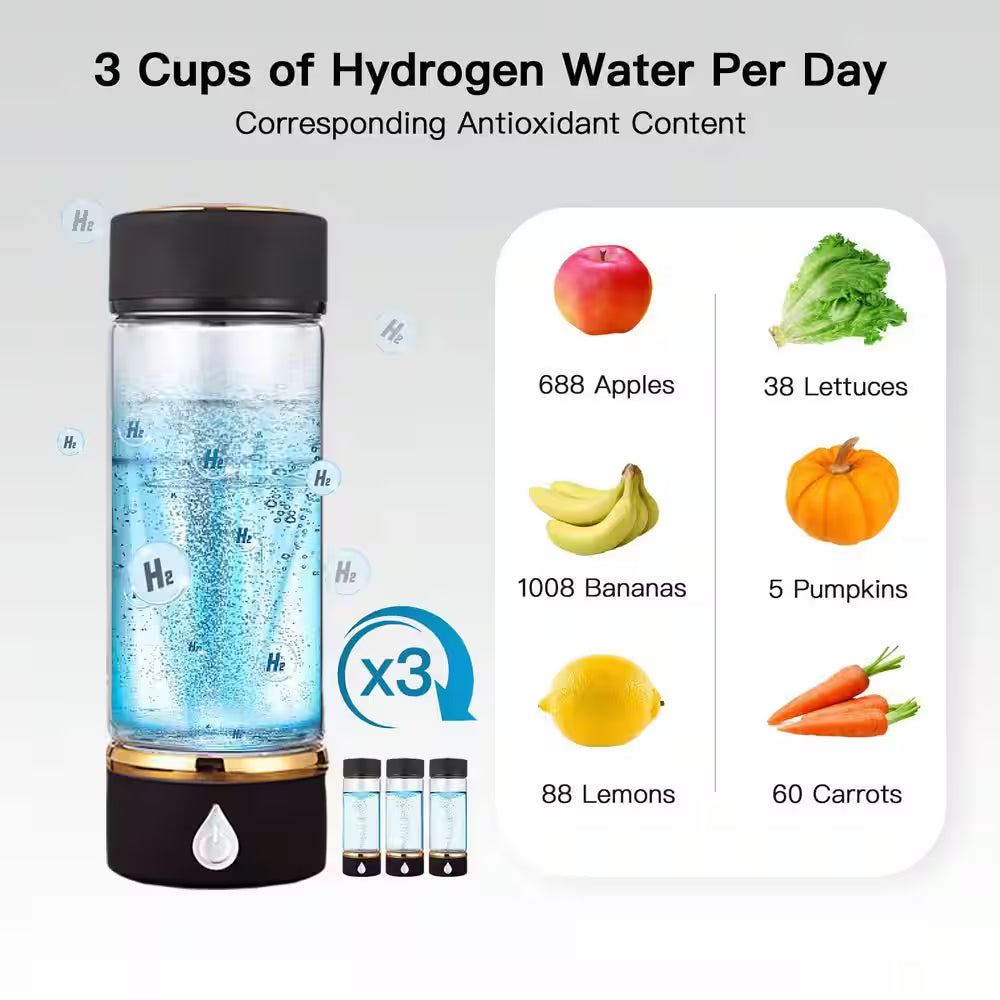 14 Oz Hydrogen Glass Water Bottle SPE PEM Tech 14OZ USB-C Rechargeable Generator High Content Alkaline for Travel Office
