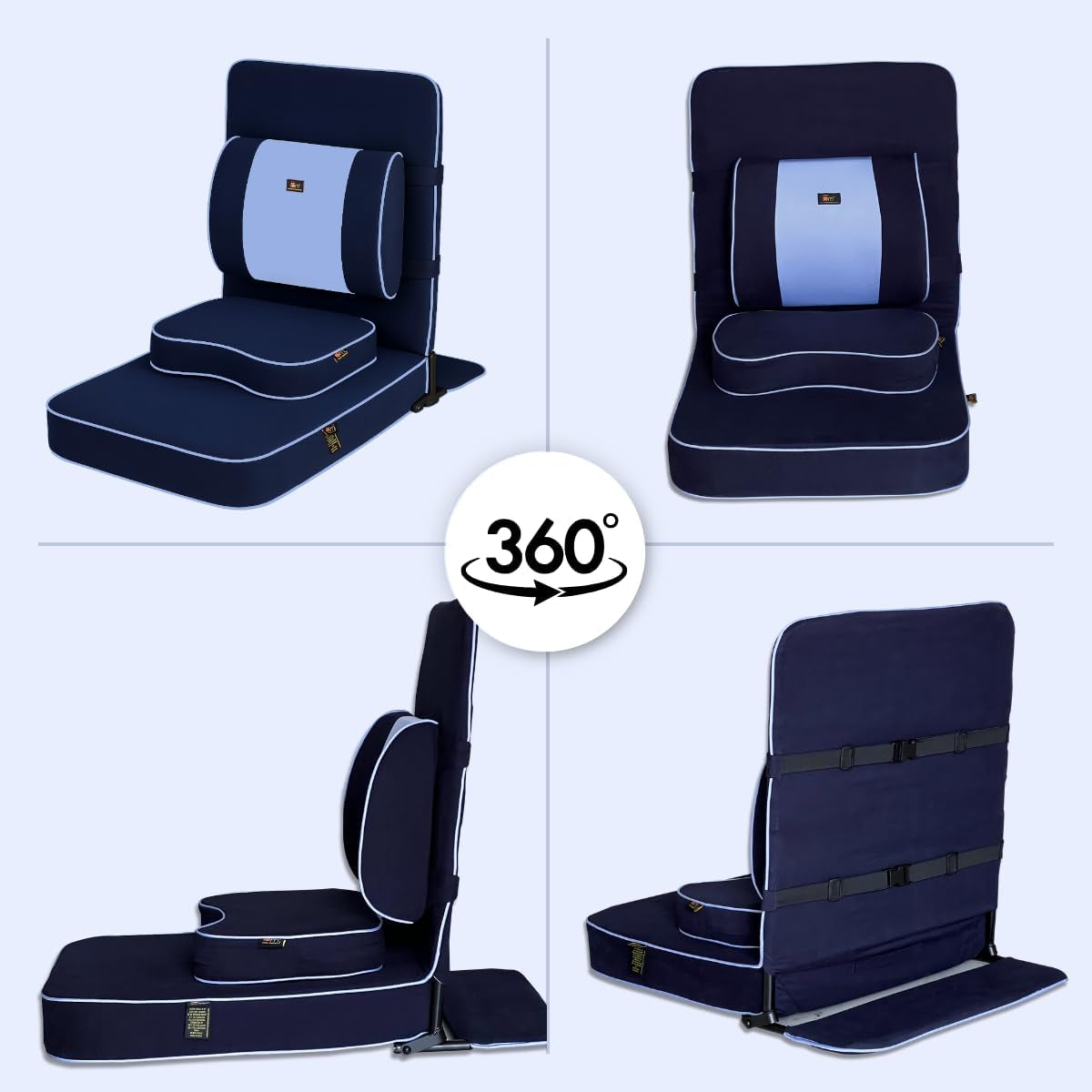 Extra Large Meditation Chair | Floor Chair with Back Support | Yoga Chairs for Adults | Portable Folding Chair | Yoga Chair with Cushion & Meditation Block | Navy Blue | 24X22 In