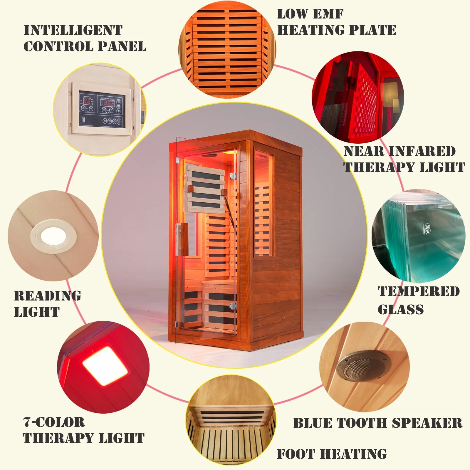 Infrared Sauna with Beaty Lamps, 1-Person Indoor Dry Sauna with 7 Colors Light, Low EMF Okoume Wood Home Sauna Room 7 Carbon Crystal Heaters