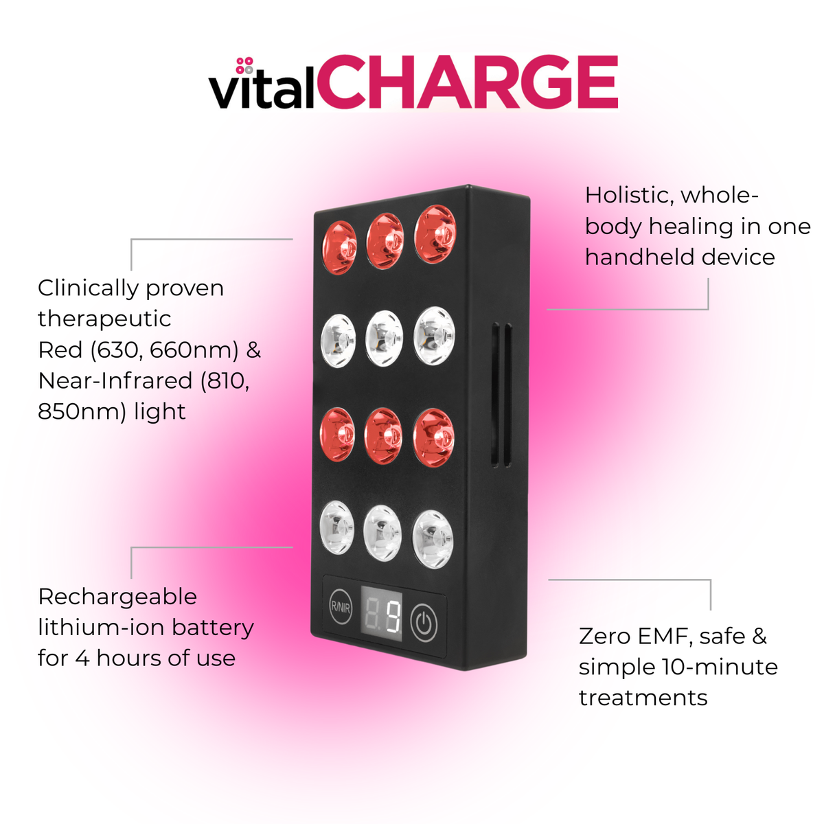 Vital Charge Portable Red Light Therapy Device – Rechargeable Handheld Red & Near-Infrared Light