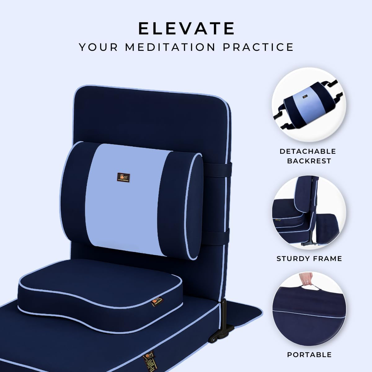 Extra Large Meditation Chair | Floor Chair with Back Support | Yoga Chairs for Adults | Portable Folding Chair | Yoga Chair with Cushion & Meditation Block | Navy Blue | 24X22 In