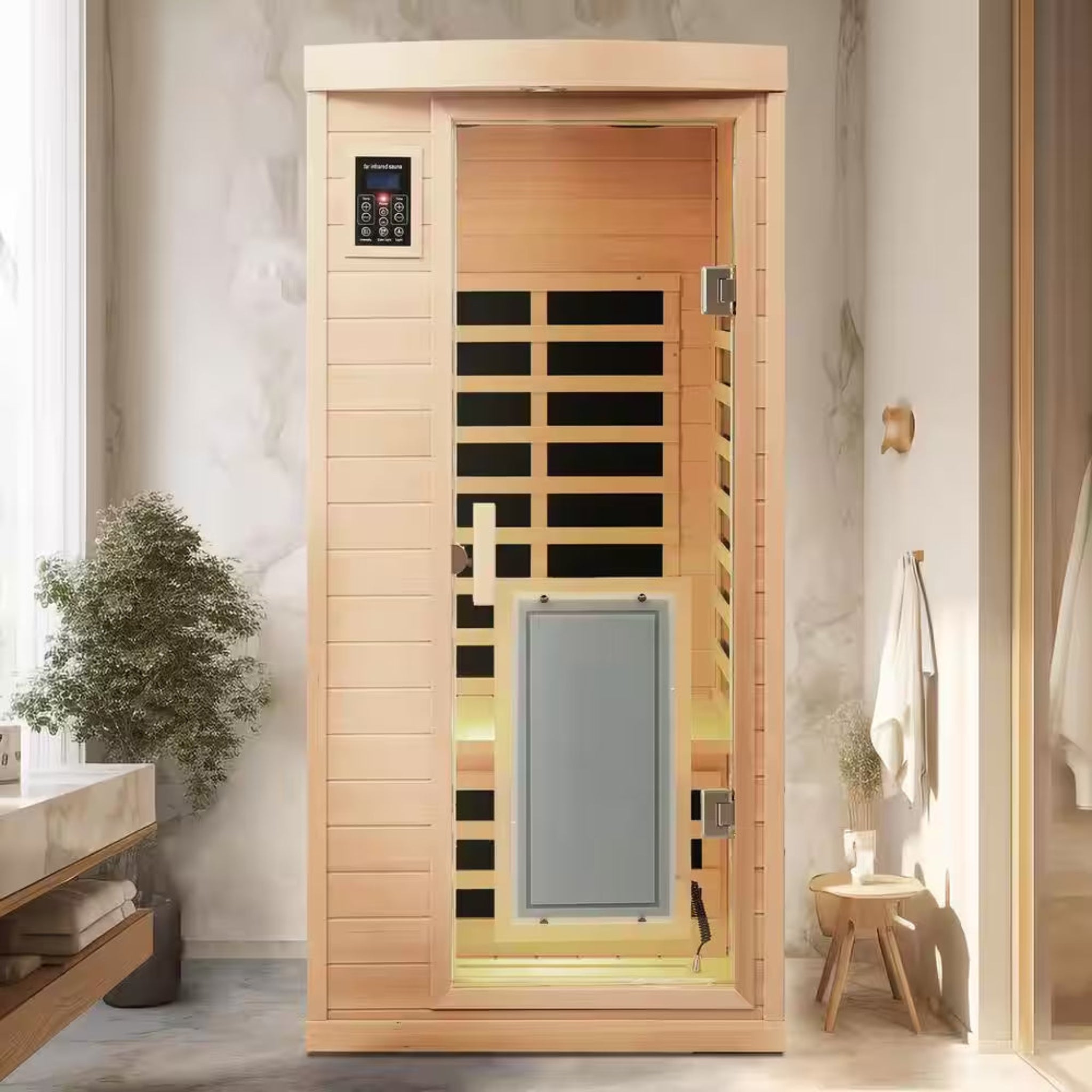 Moray 1-Person Indoor Hemlock Infrared Sauna with 8 Far-Infrared Carbon Crystal Heaters and Chromotherapy
