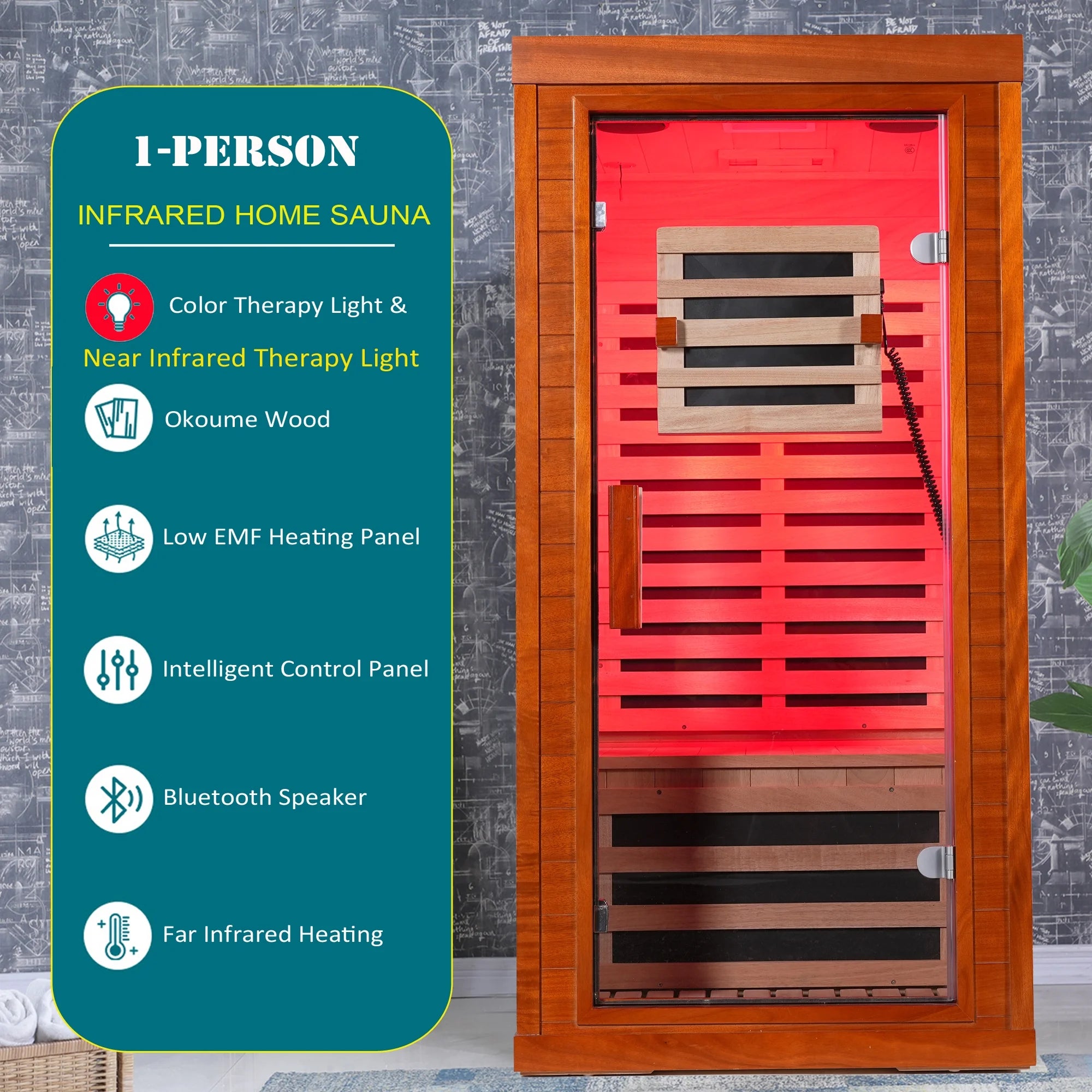 Infrared Sauna with Beaty Lamps, 1-Person Indoor Dry Sauna with 7 Colors Light, Low EMF Okoume Wood Home Sauna Room 7 Carbon Crystal Heaters