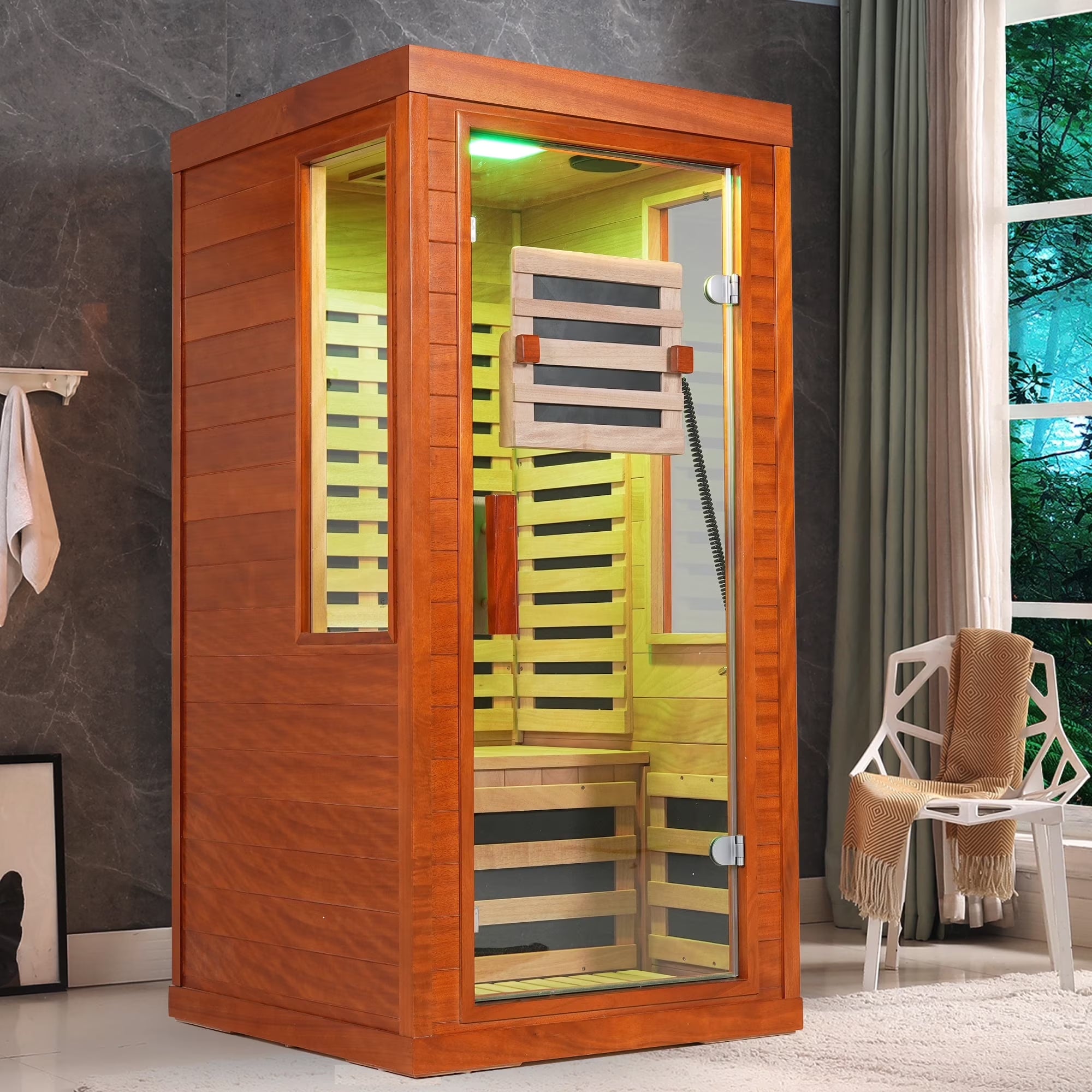 Infrared Sauna with Beaty Lamps, 1-Person Indoor Dry Sauna with 7 Colors Light, Low EMF Okoume Wood Home Sauna Room 7 Carbon Crystal Heaters