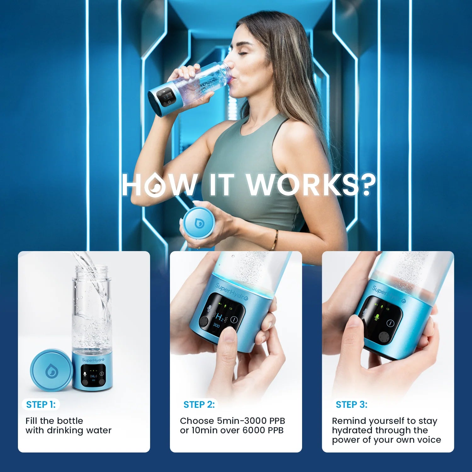 Hydrogen Water Bottle Blue