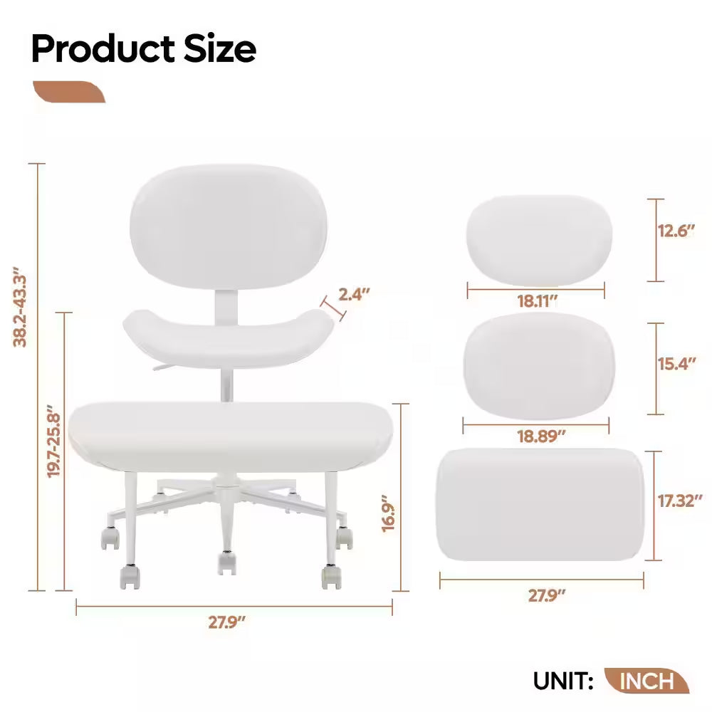 Faux Leather Ergonomic Cross-Legged Office Chair ADHD Meditation Chair with Wheels and Height Adjustable, White
