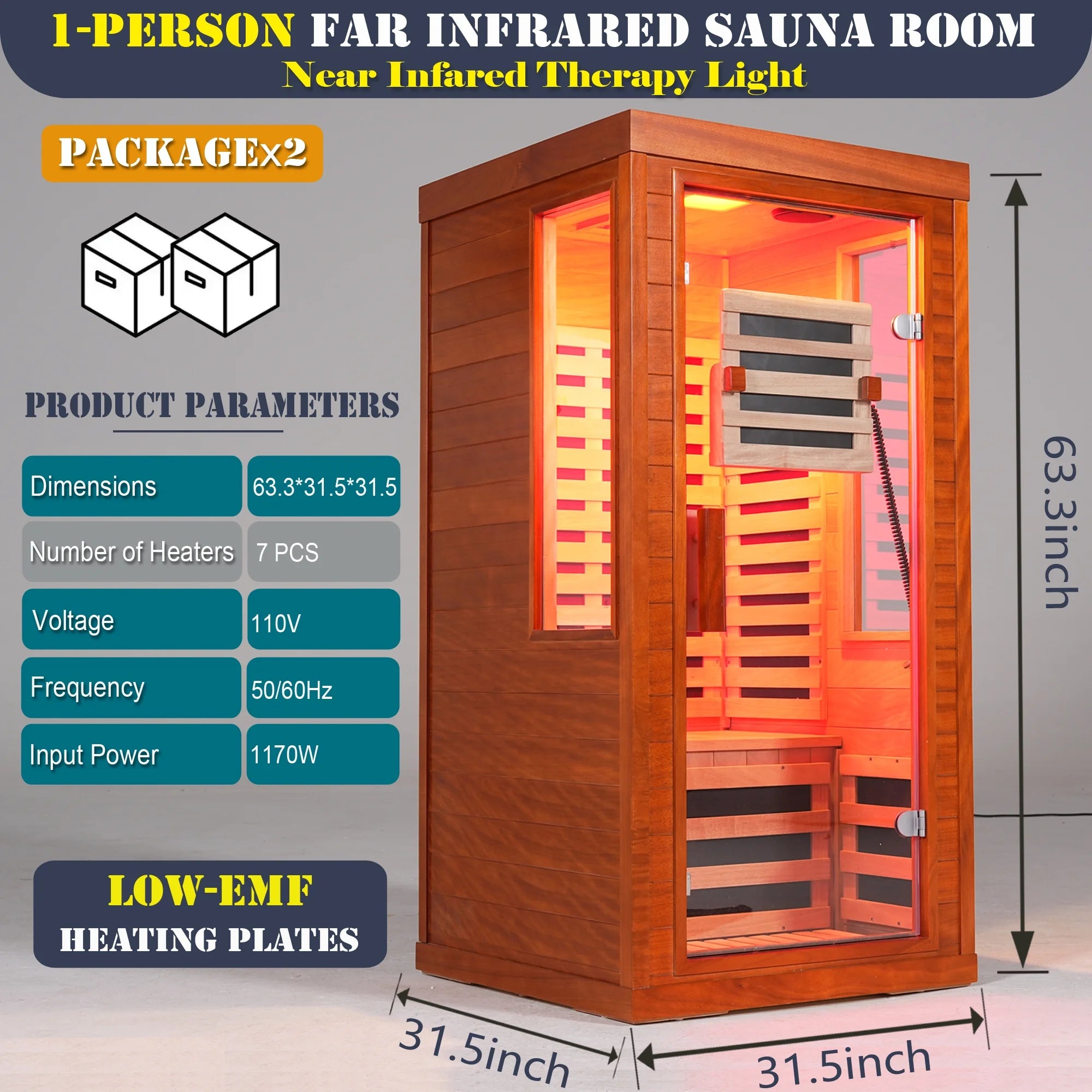 Infrared Sauna with Beaty Lamps, 1-Person Indoor Dry Sauna with 7 Colors Light, Low EMF Okoume Wood Home Sauna Room 7 Carbon Crystal Heaters