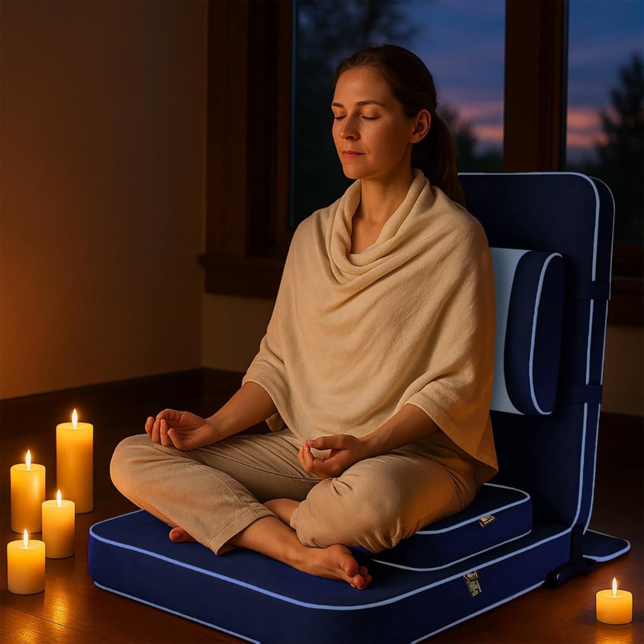 Extra Large Meditation Chair | Floor Chair with Back Support | Yoga Chairs for Adults | Portable Folding Chair | Yoga Chair with Cushion & Meditation Block | Navy Blue | 24X22 In