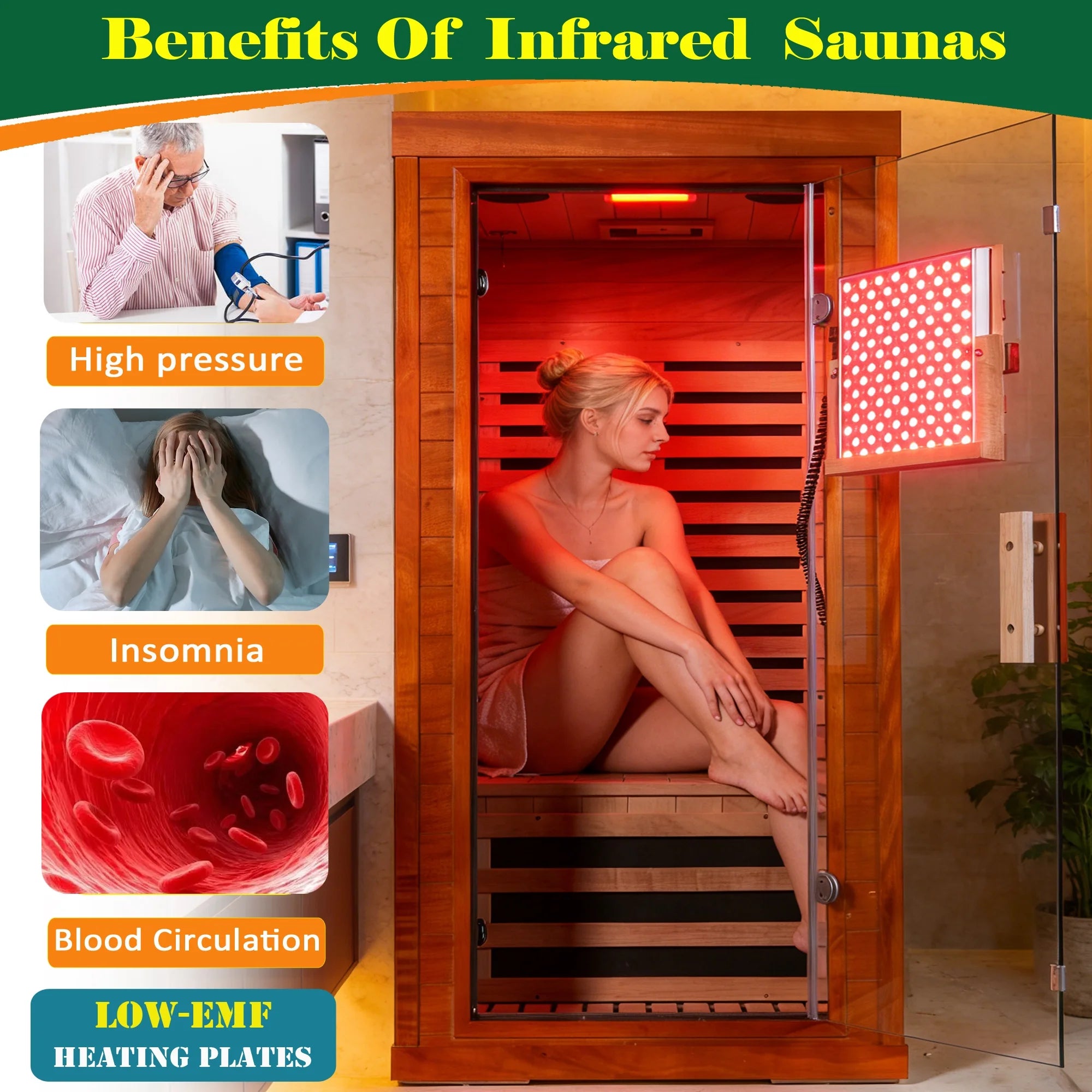Infrared Sauna with Beaty Lamps, 1-Person Indoor Dry Sauna with 7 Colors Light, Low EMF Okoume Wood Home Sauna Room 7 Carbon Crystal Heaters