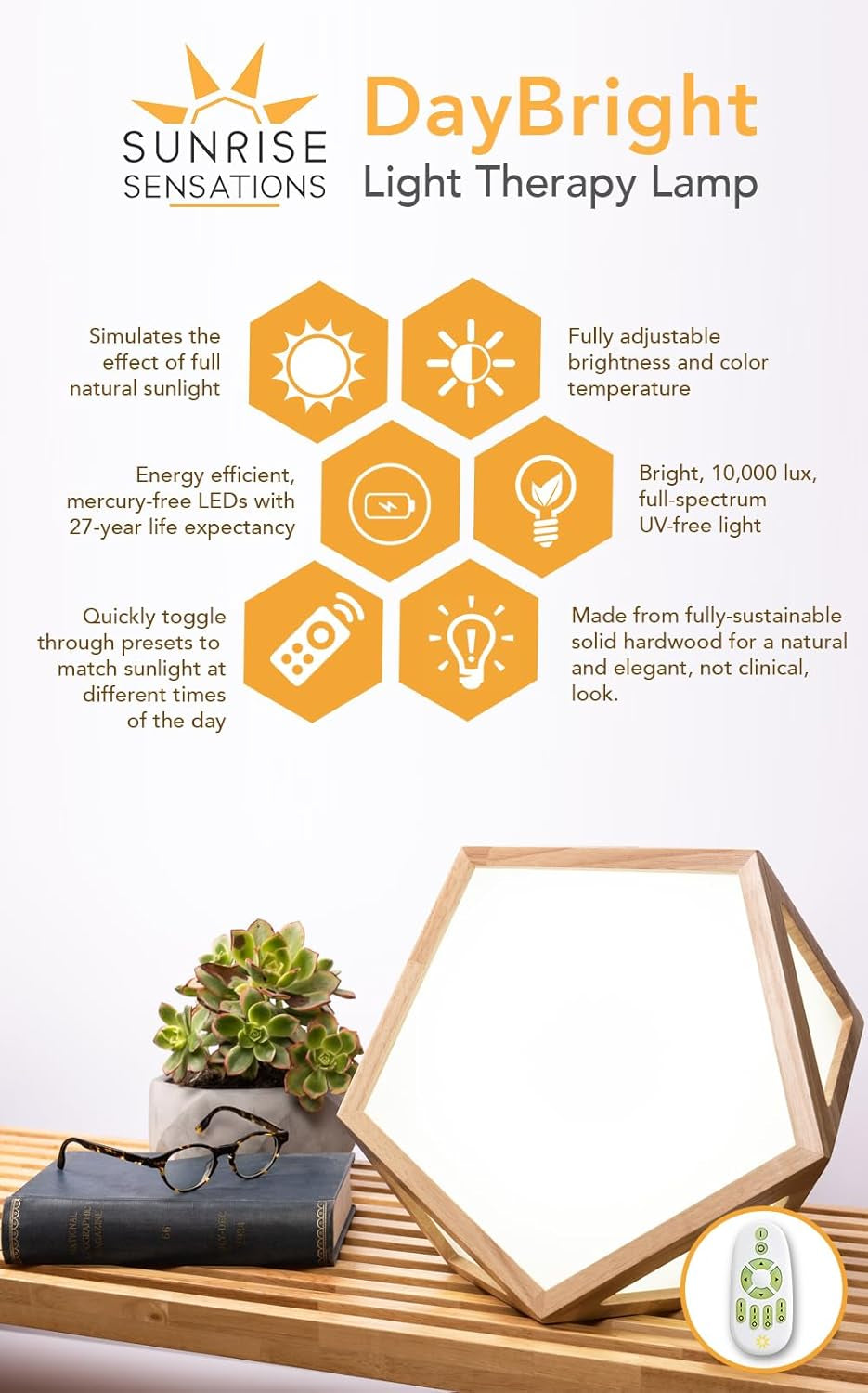 Daybright Light Therapy Lamp Full Spectrum, 10,000 LUX, Uv-Free, Full Size, Adjustable, Happy Sun Lamp, Sunlight Lamp for Daylight Feelings - Crafted from Solid Wood