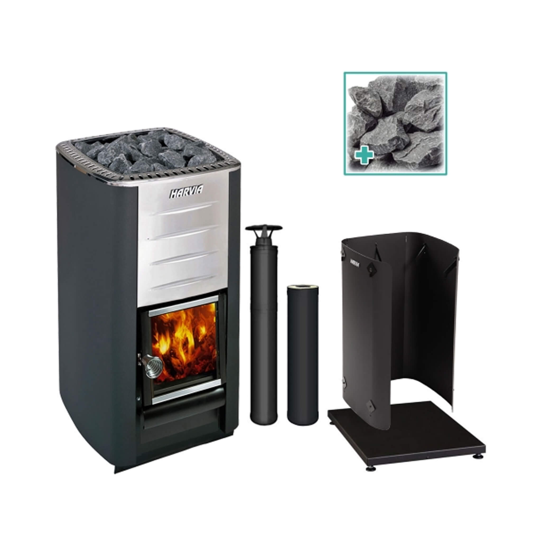 Harvia M3 16.5kW Wood-Burning Sauna Stove Kit | Complete Package with Olivine Diabase Stones, Chimney Kit & Protective Sheath — Silver or Black