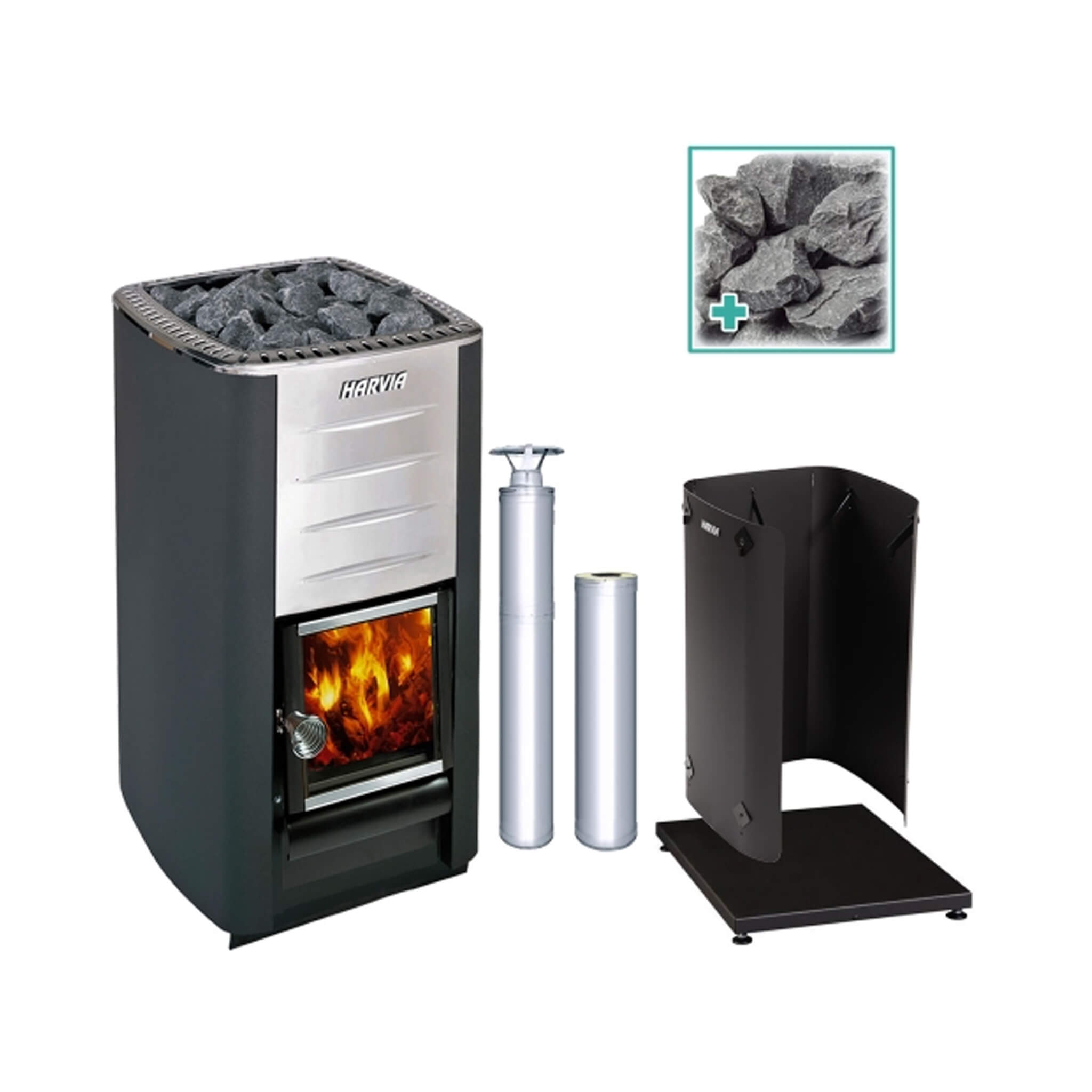 Harvia M3 16.5kW Wood-Burning Sauna Stove Kit | Complete Package with Olivine Diabase Stones, Chimney Kit & Protective Sheath — Silver or Black