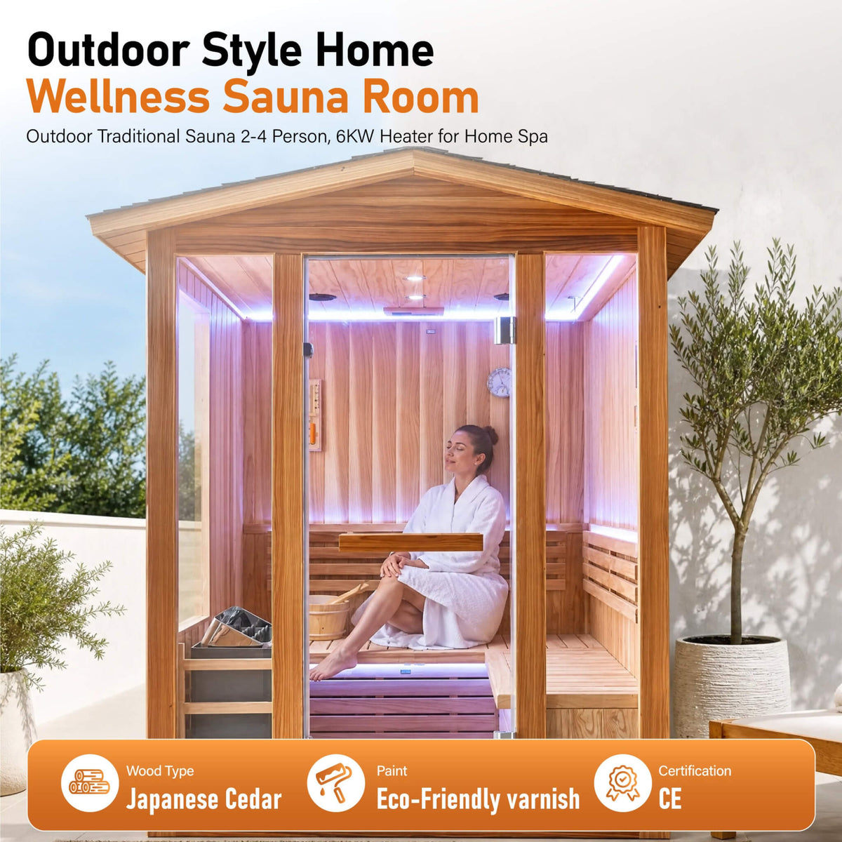 4-Person Outdoor Traditional Steam Sauna – 6 kW Electric Heater & Japanese Wood Construction