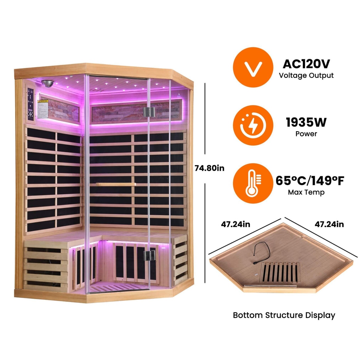 Thermora Premium 2-Person Infrared Sauna – Canadian Hemlock with Glass Front